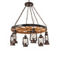Meyda Lighting Miners Lantern 40" 6-Light Distressed Rust & Natural Wood Wagon Wheel Chandelier With Clear Shade Glass
