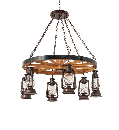 Meyda Lighting Miners Lantern 40" 6-Light Distressed Rust & Natural Wood Wagon Wheel Chandelier With Clear Shade Glass