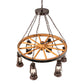 Meyda Lighting Miners Lantern 40" 6-Light Distressed Rust & Natural Wood Wagon Wheel Chandelier With Clear Shade Glass