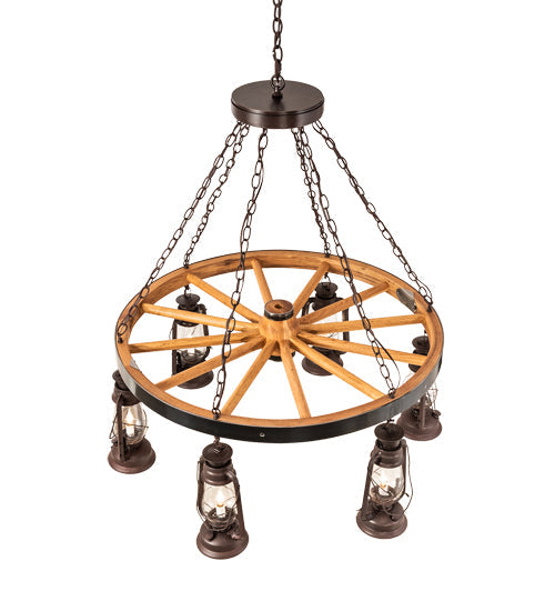 Meyda Lighting Miners Lantern 40" 6-Light Distressed Rust & Natural Wood Wagon Wheel Chandelier With Clear Shade Glass