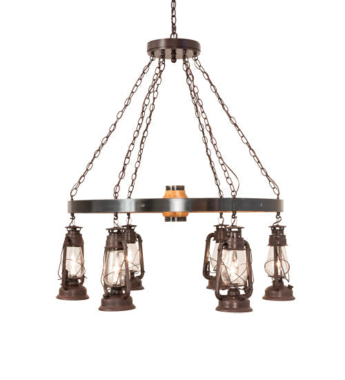 Meyda Lighting Miners Lantern 40" 6-Light Distressed Rust & Natural Wood Wagon Wheel Chandelier With Clear Shade Glass
