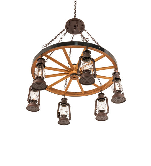 Meyda Lighting Miners Lantern 40" 6-Light Distressed Rust & Natural Wood Wagon Wheel Chandelier With Clear Shade Glass