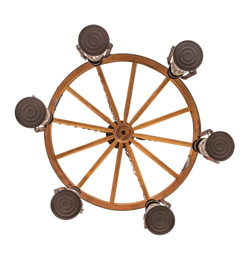 Meyda Lighting Miners Lantern 40" 6-Light Distressed Rust & Natural Wood Wagon Wheel Chandelier With Clear Shade Glass
