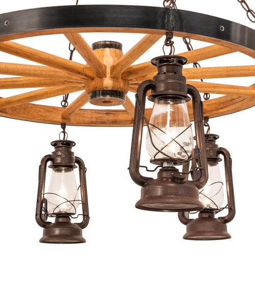 Meyda Lighting Miners Lantern 40" 6-Light Distressed Rust & Natural Wood Wagon Wheel Chandelier With Clear Shade Glass