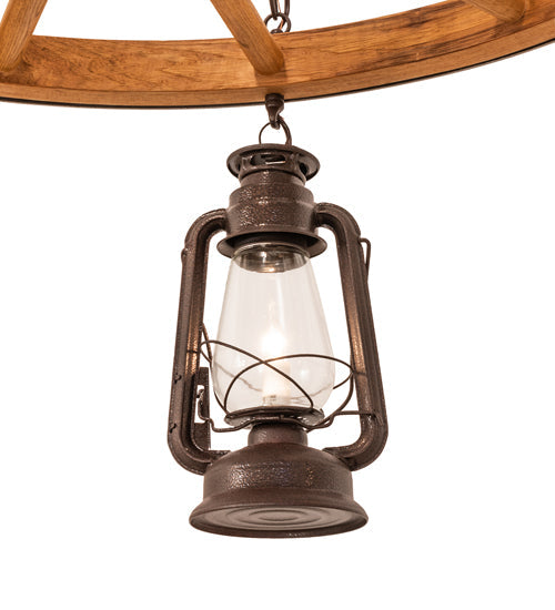 Meyda Lighting Miners Lantern 40" 6-Light Distressed Rust & Natural Wood Wagon Wheel Chandelier With Clear Shade Glass