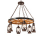 Meyda Lighting Miners Lantern 40" 6-Light Distressed Rust & Natural Wood Wagon Wheel Chandelier With Clear Shade Glass
