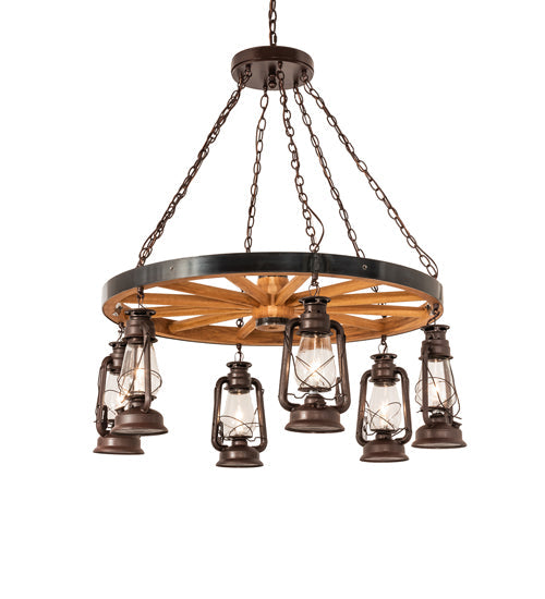 Meyda Lighting Miners Lantern 40" 6-Light Distressed Rust & Natural Wood Wagon Wheel Chandelier With Clear Shade Glass