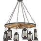 Meyda Lighting Miners Lantern 40" 6-Light Distressed Rust Wagon Wheel Chandelier With Clear Frosted Lantern Shade Glass