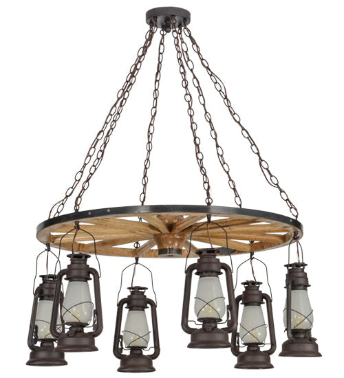 Meyda Lighting Miners Lantern 40" 6-Light Distressed Rust Wagon Wheel Chandelier With Clear Frosted Lantern Shade Glass