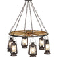 Meyda Lighting Miners Lantern 40" 6-Light Distressed Rust Wagon Wheel Chandelier With Clear Frosted Lantern Shade Glass