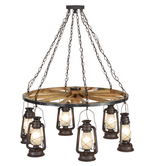 Meyda Lighting Miners Lantern 40" 6-Light Distressed Rust Wagon Wheel Chandelier With Clear Frosted Lantern Shade Glass