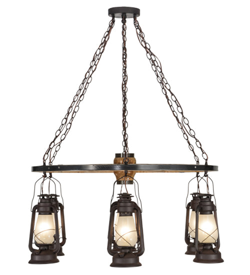 Meyda Lighting Miners Lantern 40" 6-Light Distressed Rust Wagon Wheel Chandelier With Clear Frosted Lantern Shade Glass