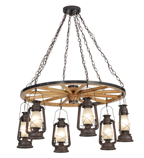 Meyda Lighting Miners Lantern 40" 6-Light Distressed Rust Wagon Wheel Chandelier With Clear Frosted Lantern Shade Glass