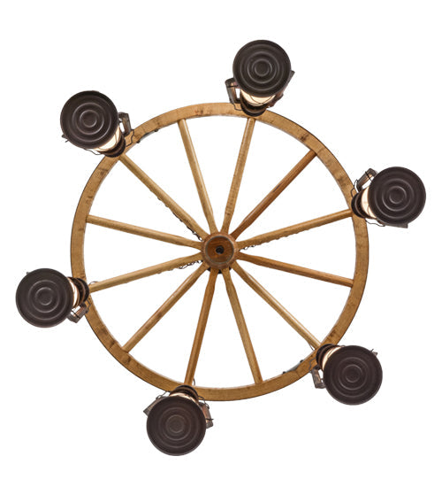 Meyda Lighting Miners Lantern 40" 6-Light Distressed Rust Wagon Wheel Chandelier With Clear Frosted Lantern Shade Glass