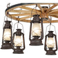 Meyda Lighting Miners Lantern 40" 6-Light Distressed Rust Wagon Wheel Chandelier With Clear Frosted Lantern Shade Glass