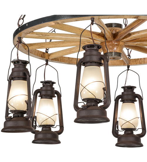 Meyda Lighting Miners Lantern 40" 6-Light Distressed Rust Wagon Wheel Chandelier With Clear Frosted Lantern Shade Glass