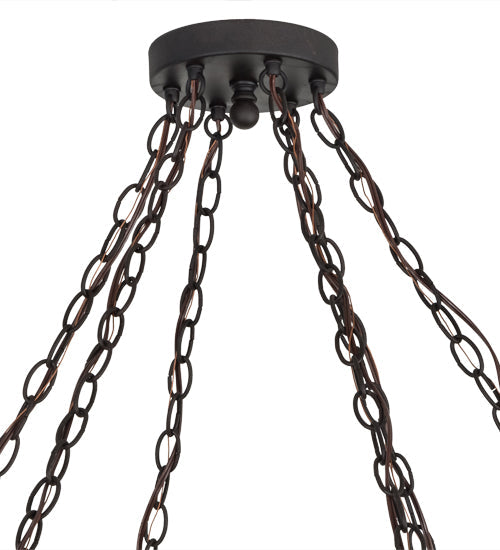 Meyda Lighting Miners Lantern 40" 6-Light Distressed Rust Wagon Wheel Chandelier With Clear Frosted Lantern Shade Glass