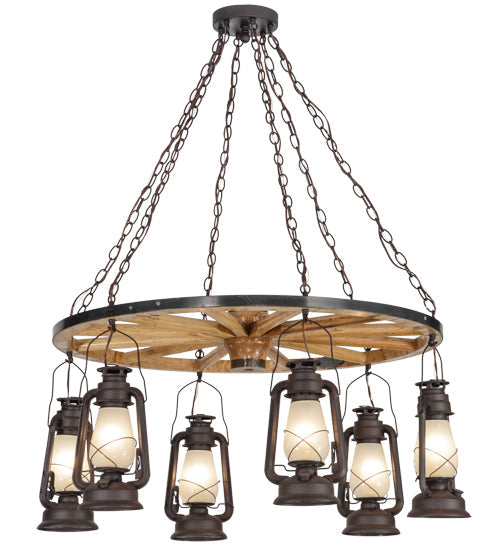 Meyda Lighting Miners Lantern 40" 6-Light Distressed Rust Wagon Wheel Chandelier With Clear Frosted Lantern Shade Glass