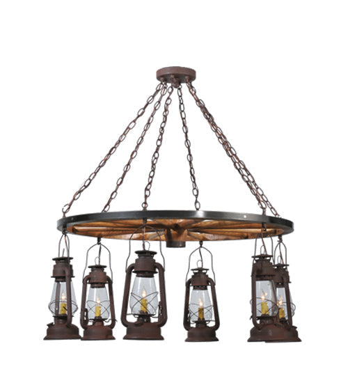 Meyda Lighting Miners Lantern 40" 6-Light Distressed Rust Wagon Wheel Chandelier With Clear Glass Lantern Shade