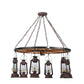 Meyda Lighting Miners Lantern 40" 6-Light Distressed Rust Wagon Wheel Chandelier With Clear Glass Lantern Shade