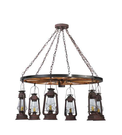 Meyda Lighting Miners Lantern 40" 6-Light Distressed Rust Wagon Wheel Chandelier With Clear Glass Lantern Shade