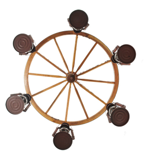 Meyda Lighting Miners Lantern 40" 6-Light Distressed Rust Wagon Wheel Chandelier With Clear Glass Lantern Shade