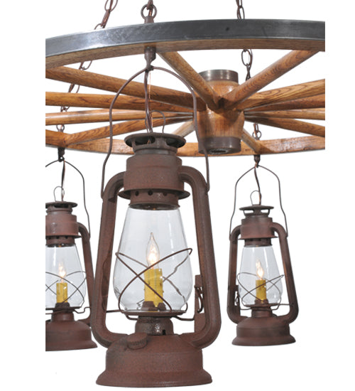 Meyda Lighting Miners Lantern 40" 6-Light Distressed Rust Wagon Wheel Chandelier With Clear Glass Lantern Shade
