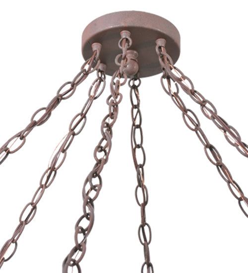 Meyda Lighting Miners Lantern 40" 6-Light Distressed Rust Wagon Wheel Chandelier With Clear Glass Lantern Shade