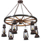Meyda Lighting Miners Lantern 40" 6-Light Distressed Rust Wagon Wheel Chandelier With Clear Glass Lantern Shade