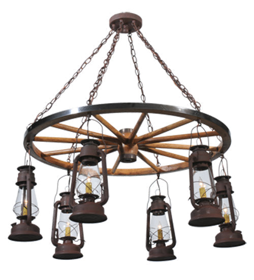 Meyda Lighting Miners Lantern 40" 6-Light Distressed Rust Wagon Wheel Chandelier With Clear Glass Lantern Shade