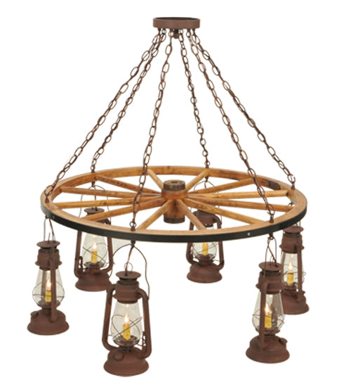 Meyda Lighting Miners Lantern 40" 6-Light Distressed Rust Wagon Wheel Chandelier With Clear Glass Lantern Shade