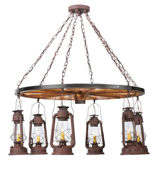 Meyda Lighting Miners Lantern 40" 6-Light Distressed Rust Wagon Wheel Chandelier With Clear Glass Lantern Shade