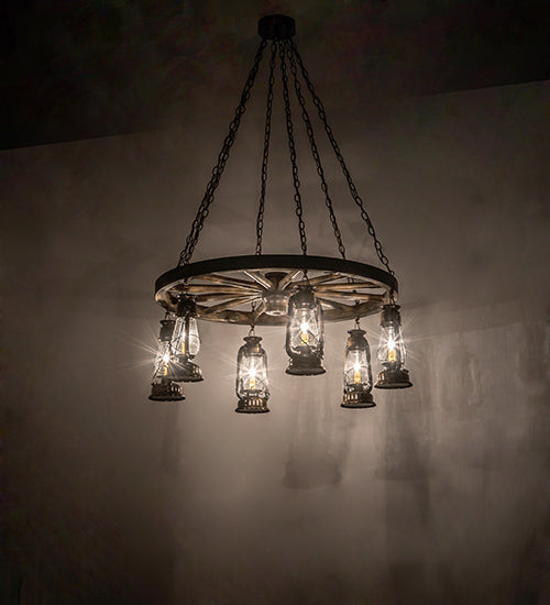 Meyda Lighting Miners Lantern 40" 6-Light Vintage Copper Wagon Wheel Chandelier With Clear Shade Glass