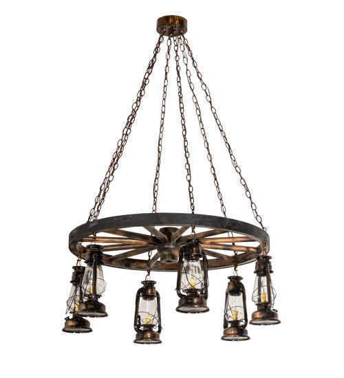 Meyda Lighting Miners Lantern 40" 6-Light Vintage Copper Wagon Wheel Chandelier With Clear Shade Glass