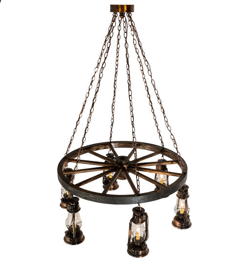 Meyda Lighting Miners Lantern 40" 6-Light Vintage Copper Wagon Wheel Chandelier With Clear Shade Glass
