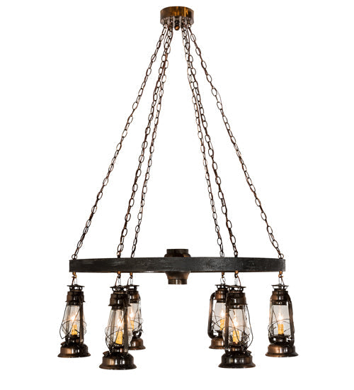 Meyda Lighting Miners Lantern 40" 6-Light Vintage Copper Wagon Wheel Chandelier With Clear Shade Glass