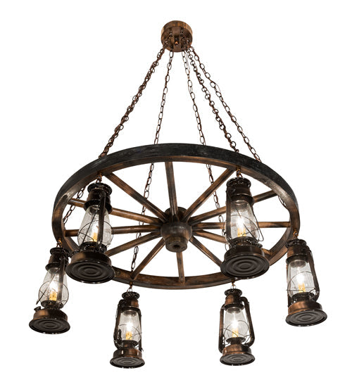 Meyda Lighting Miners Lantern 40" 6-Light Vintage Copper Wagon Wheel Chandelier With Clear Shade Glass