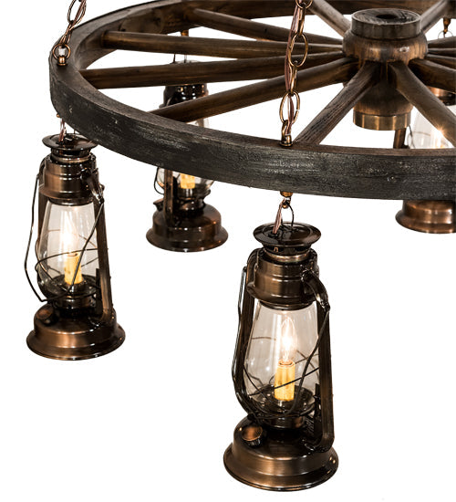 Meyda Lighting Miners Lantern 40" 6-Light Vintage Copper Wagon Wheel Chandelier With Clear Shade Glass