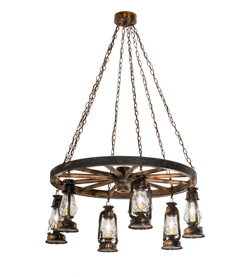 Meyda Lighting Miners Lantern 40" 6-Light Vintage Copper Wagon Wheel Chandelier With Clear Shade Glass