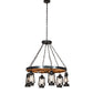Meyda Lighting Miners Lantern 40" 6-Light Wrought Iron & Natural Wood Wagon Wheel Chandelier With Clear Shade Glass