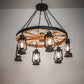 Meyda Lighting Miners Lantern 40" 6-Light Wrought Iron & Natural Wood Wagon Wheel Chandelier With Clear Shade Glass