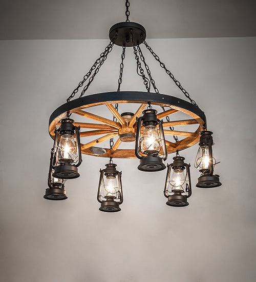 Meyda Lighting Miners Lantern 40" 6-Light Wrought Iron & Natural Wood Wagon Wheel Chandelier With Clear Shade Glass