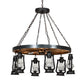 Meyda Lighting Miners Lantern 40" 6-Light Wrought Iron & Natural Wood Wagon Wheel Chandelier With Clear Shade Glass