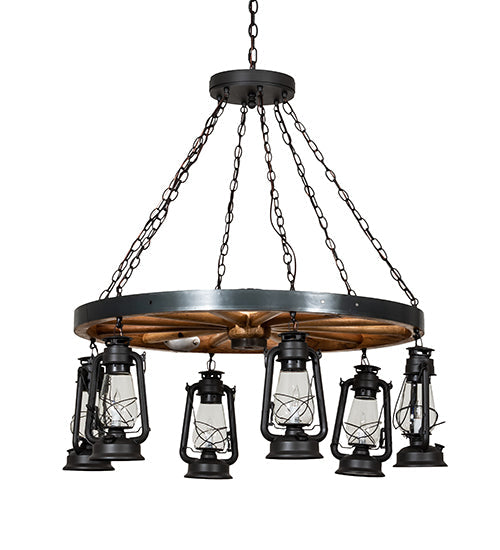 Meyda Lighting Miners Lantern 40" 6-Light Wrought Iron & Natural Wood Wagon Wheel Chandelier With Clear Shade Glass