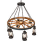 Meyda Lighting Miners Lantern 40" 6-Light Wrought Iron & Natural Wood Wagon Wheel Chandelier With Clear Shade Glass