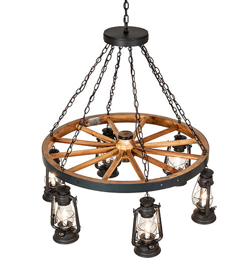 Meyda Lighting Miners Lantern 40" 6-Light Wrought Iron & Natural Wood Wagon Wheel Chandelier With Clear Shade Glass