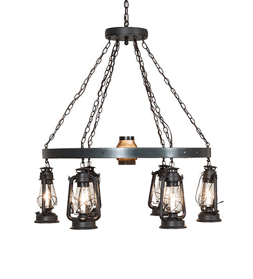 Meyda Lighting Miners Lantern 40" 6-Light Wrought Iron & Natural Wood Wagon Wheel Chandelier With Clear Shade Glass