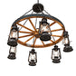 Meyda Lighting Miners Lantern 40" 6-Light Wrought Iron & Natural Wood Wagon Wheel Chandelier With Clear Shade Glass