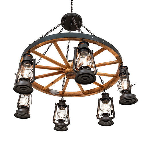 Meyda Lighting Miners Lantern 40" 6-Light Wrought Iron & Natural Wood Wagon Wheel Chandelier With Clear Shade Glass