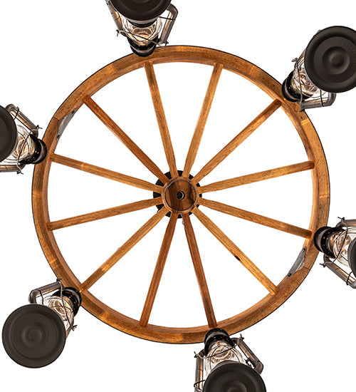 Meyda Lighting Miners Lantern 40" 6-Light Wrought Iron & Natural Wood Wagon Wheel Chandelier With Clear Shade Glass